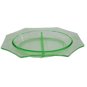 Uranium Green 2 Divided Etched Appetizer ‎ Vegetable Vintage Glass Bowl